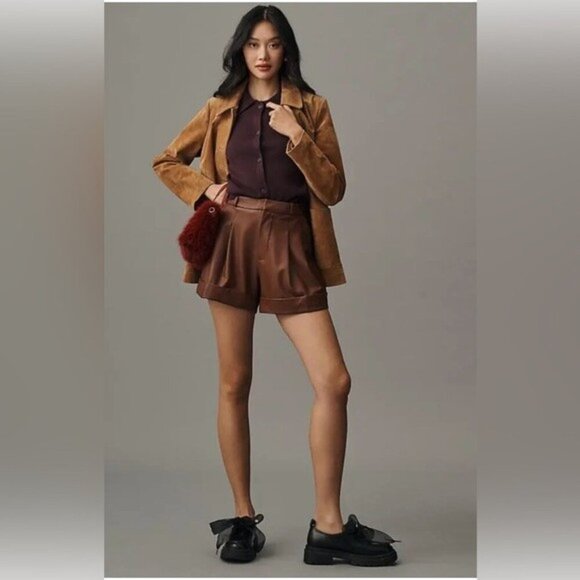 NWT Size 8 - Anthropologie Faux Leather Cuffed Shorts in Brown - Picture 9 of 16